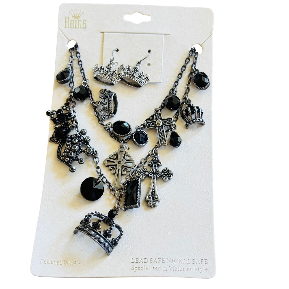 BLV Victorian Gothic Style Matching Set Necklace Earrings Cross Crown Charm